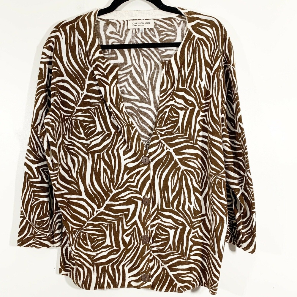 Jones New York Brown Cream Printed V-Neck Cardigan